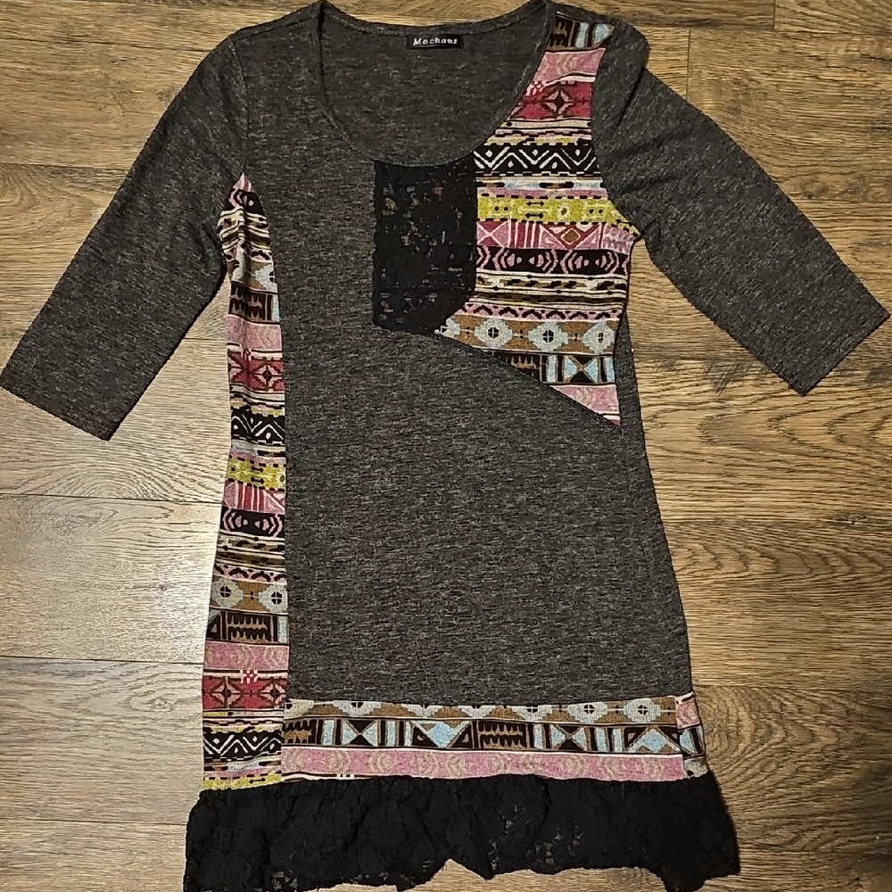 Bohemian Patchwork Mechant Heather Gray Dress Lacy Small Women 3/4 Sleeve
